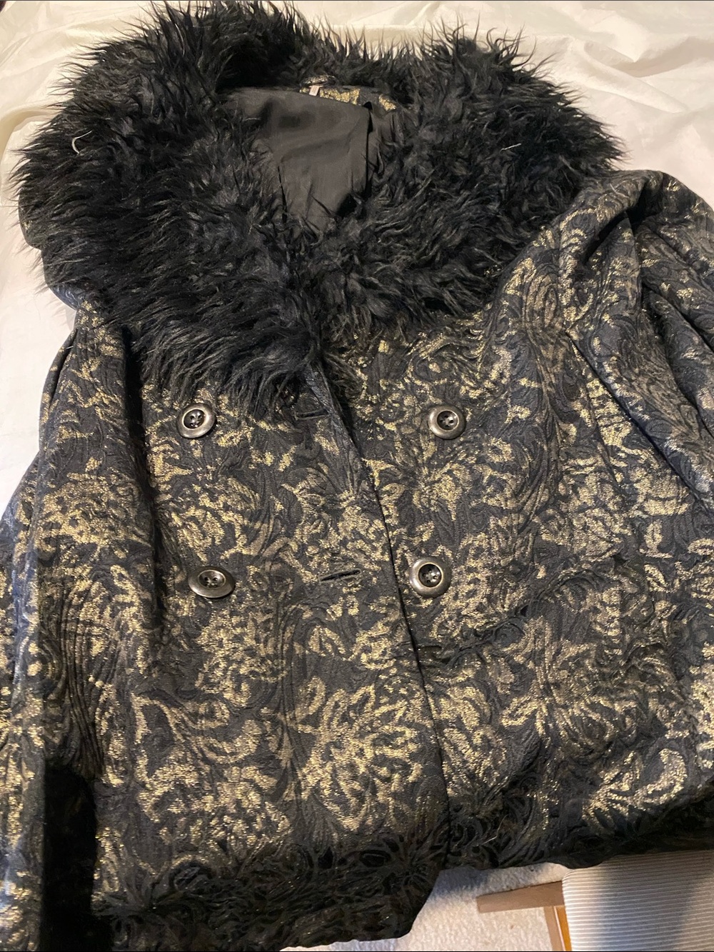 Free People Black Brocade Pea Coat with Faux Fur Collar and Metallic Shimmer - Picture 5 of 5
